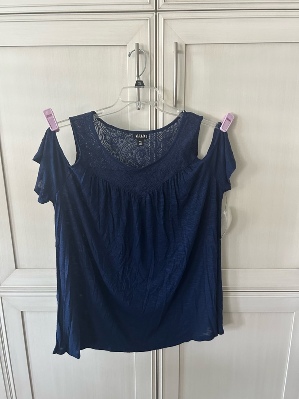 a.n.a Navy Cold-Shoulder Lace Yoke Blouse